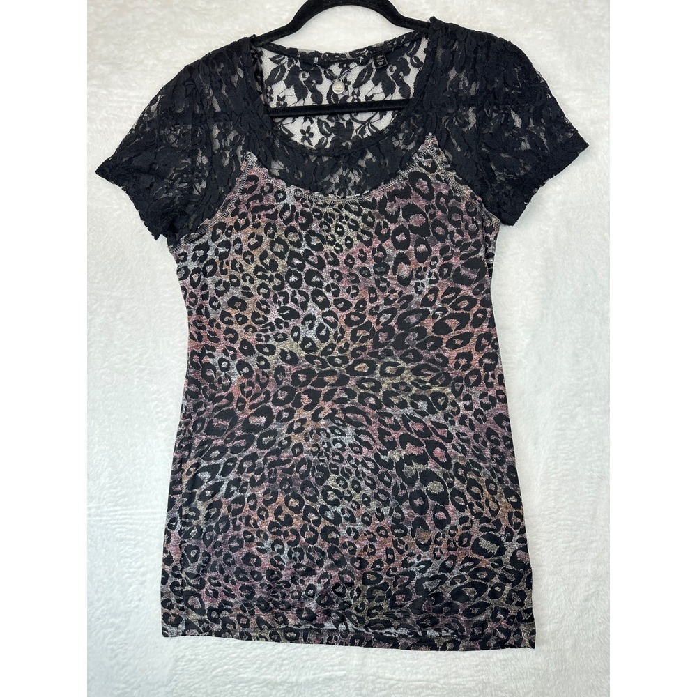 BKE Boutique Y2K Top Women Medium Black Pink Leopard Print Lace Short Sleeve